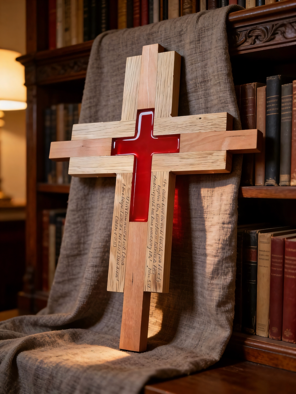 Custom engraved hardwood cross with red resin inlay